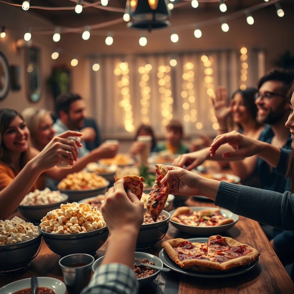 A vibrant dinner party table spread with popcorn, pizza, and appetizers with hands reaching for food.