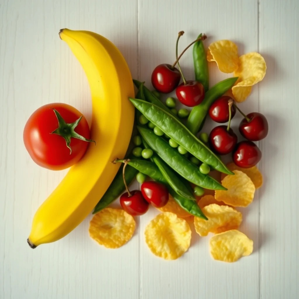 An overhead flat lay of a banana, tomato, green pea pods, cherries, and potato chips on a wooden surface.