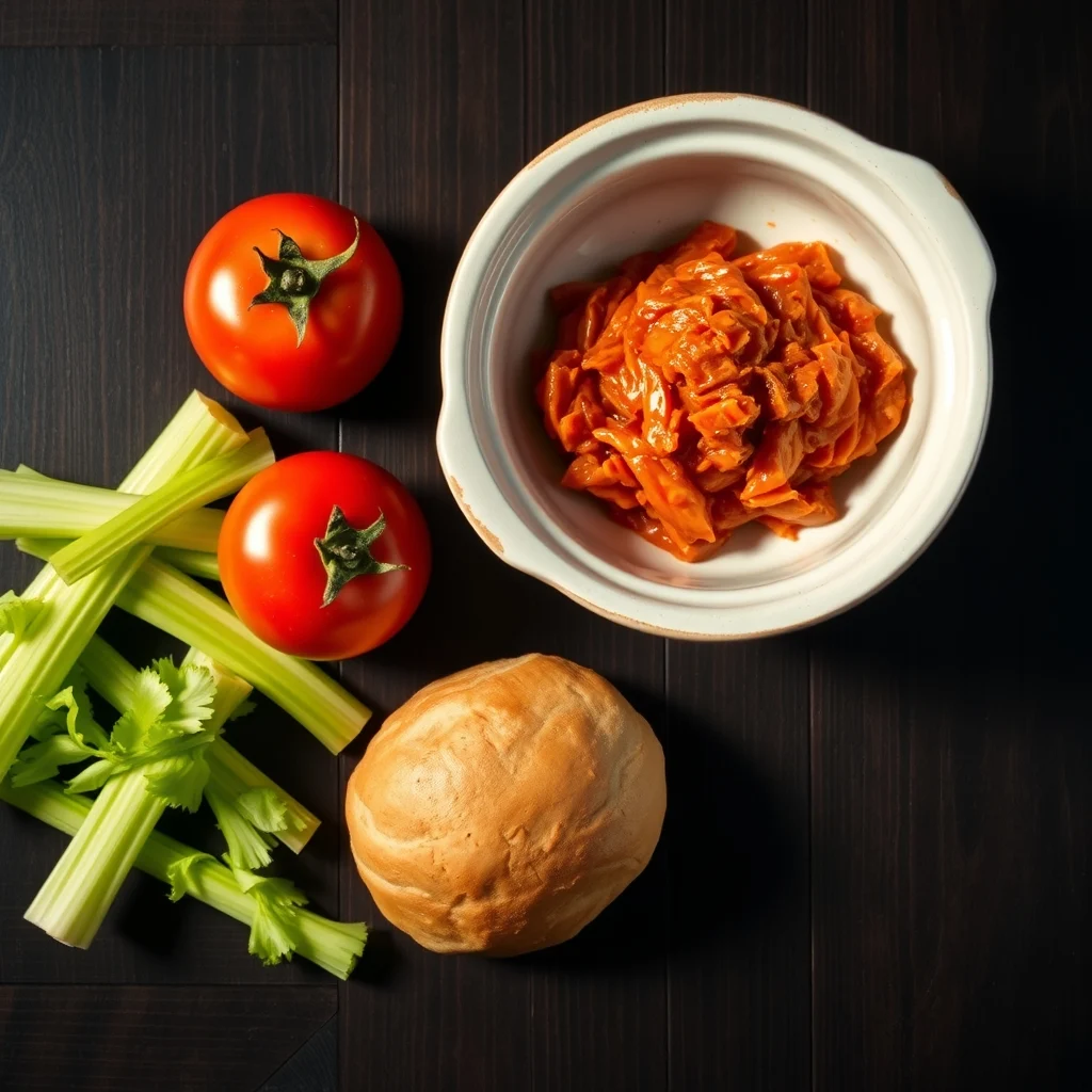 A ceramic bowl of red kimchi alongside a ripe tomato, celery stalks, and a bun arranged on a dark wooden surface.